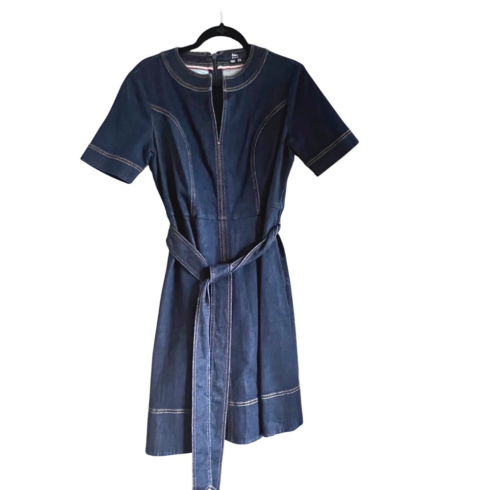 Boden Denim Dress Gold‎ Stitching Pockets Belted Midi Vibrant Blue Wash Cotton